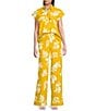 Marella Antiope Linen Blend Summer Leaf Print Elastic Back Wide Leg Pull-On Coordinating Pants, Color:Warm Yellow Summer Leaf Print - Image 5