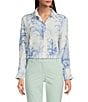 Marella Conio Palm Toile Printed Silk Crepe de Chine Point Collar Long Sleeve Button Front Blouse, Color:Dust Blue - Image 1