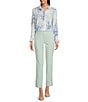 Marella Conio Palm Toile Printed Silk Crepe de Chine Point Collar Long Sleeve Button Front Blouse, Color:Dust Blue - Image 3