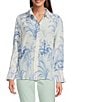 Marella Conio Palm Toile Printed Silk Crepe de Chine Point Collar Long Sleeve Button Front Blouse, Color:Dust Blue - Image 5