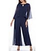 Color:Navy - Image 1 - 3/4 Sleeve Keyhole Neck Chiffon Jumpsuit