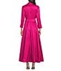 Marina 3/4 Sleeve Point Collar Neck Tie Waist Taffeta Midi A-Line Dress, Color:Fuchsia - Image 2