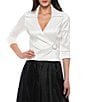 Marina Collared Stretch Taffeta V Neck 3/4 Sleeve Rhinestone Embellishment Wrap Blouse, Color:White - Image 1
