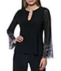 Marina Keyhole Rhinestone Neck Beaded Bell Long Sleeve Matte Jersey 2-Piece Pant Set, Color:Black - Image 3