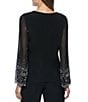 Marina Keyhole Rhinestone Neck Beaded Bell Long Sleeve Matte Jersey 2-Piece Pant Set, Color:Black - Image 4