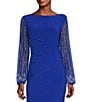 Color:Cobalt - Image 3 - Boat Neck Long Beaded Elastic Cuff Sleeve Matte Jersey Back Slit Sheath Gown