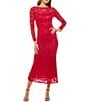 Color:Red - Image 1 - Long Sleeve Illusion Boat Neck Sequin Lace Midi Dress
