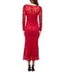 Color:Red - Image 2 - Long Sleeve Illusion Boat Neck Sequin Lace Midi Dress