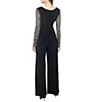 Color:Black/Silver - Image 2 - Matte Jersey Sheer Beaded Long Sleeve V-Neck Knot Bodice Jumpsuit