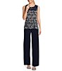 Color:Navy/Silver - Image 3 - Metallic Lace 3/4 Sleeve 3-Piece Pant Set
