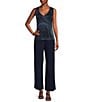 Color:Navy - Image 3 - Metallic Pleated 3/4 Sleeve V-Neck 3-Piece Pant Set