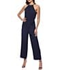 Color:Navy - Image 1 - Pleated Bodice Chiffon Sleeveless Halter Neck Belted Jumpsuit