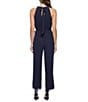 Color:Navy - Image 2 - Pleated Bodice Chiffon Sleeveless Halter Neck Belted Jumpsuit