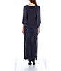 Color:Navy - Image 2 - Pleated Chiffon Round Neck Long Illusion Wing Sleeve 2-Piece Pant Set