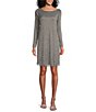 Color:Silver - Image 1 - Pleated Long Sleeve Round Neck V-Back Detailed Metallic Knit Shift Dress