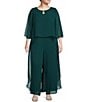 Color:Dark Green - Image 1 - Plus Size 3/4 Sleeve Keyhole Neck Chiffon Jumpsuit