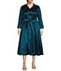 Marina Plus Size 3/4 Sleeve Point Collar Neck Tie Waist Taffeta Midi A-Line Dress, Color:Teal - Image 1