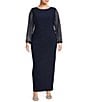 Color:Navy - Image 1 - Plus Size Boat Neck Long Beaded Sleeve Elastic Cuff Back Slit Matte Jersey Gown