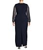 Color:Navy - Image 2 - Plus Size Boat Neck Long Beaded Sleeve Elastic Cuff Back Slit Matte Jersey Gown
