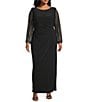 Marina Plus Size Boat Neck Long Beaded Sleeve Elastic Cuff Back Slit Matte Jersey Gown, Color:Black - Image 1