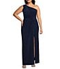 Marina Plus Size Knot Front One Shoulder Sheath Dress, Color:Navy - Image 1