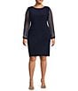 Color:Navy - Image 1 - Plus Size Long Beaded Sleeves Round Neck Jersey Sheath Dress