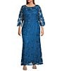 Marina Plus Size Sequin Embroidered Mesh Lace 3/4 Sleeve Gown, Color:Teal - Image 1
