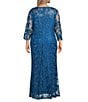Marina Plus Size Sequin Embroidered Mesh Lace 3/4 Sleeve Gown, Color:Teal - Image 2