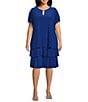 Color:Royal - Image 1 - Plus Size Short Split Sleeve Keyhole Round Neck Tiered Skirt Dress