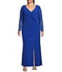 Marina Plus Size Side Slit Beaded Sleeve Dress, Color:Royal - Image 1