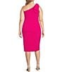 Color:Fuchsia - Image 2 - Plus Size Sleeveless Bow One Shoulder Neck Scuba Crepe Knee Length Sheath Dress