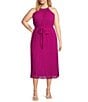 Color:Magenta - Image 1 - Plus Size Sleeveless Crew Neck Tie Waist Pleated Mid Dress