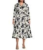 Marina Plus Size Taffeta Collared V-Neck Long Sleeve Button Front Tie Sash Fit-and-Flare Midi Dress, Color:Black/White - Image 1