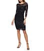 Color:Black - Image 1 - Round Neck Ruched Side Sequin Lace 3/4 Sleeve Sheath Dress