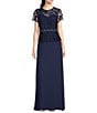 Color:Navy - Image 1 - Short Sleeve Crew Neck Mock 2-Piece Chiffon Gown