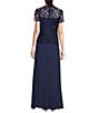 Color:Navy - Image 2 - Short Sleeve Crew Neck Mock 2-Piece Chiffon Gown