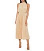 Marina Sleeveless Halter Mock Neck Smocked Pleated Crepe Chiffon A-Line Midi Dress, Color:Champagne - Image 1
