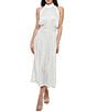 Marina Sleeveless Halter Mock Neck Smocked Pleated Crepe Chiffon A-Line Midi Dress, Color:Ivory - Image 1