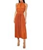 Marina Sleeveless Halter Mock Neck Smocked Pleated Crepe Chiffon A-Line Midi Dress, Color:Cognac - Image 1