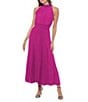 Color:Fuchsia - Image 1 - Sleeveless Halter Mock Neck Smocked Pleated Crepe Chiffon A-Line Midi Dress