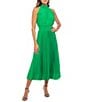 Color:Kelly Green - Image 1 - Sleeveless Halter Mock Neck Smocked Pleated Crepe Chiffon A-Line Midi Dress