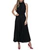 Color:Black - Image 1 - Sleeveless Halter Mock Neck Smocked Pleated Crepe Chiffon A-Line Midi Dress