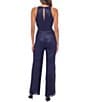 Color:Navy - Image 2 - Sleeveless Halter Neck Metallic Smocked Waist Jumpsuit