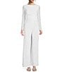 Color:Ivory - Image 1 - Stretch Crepe Long Beaded Sleeve Round Neck Walk Thru Jumpsuit Gown