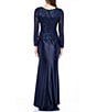 Color:Navy - Image 2 - Stretch Satin Long Sleeve V-Neck Satin Skirt Front Twist Detail Sequin Bodice Gown