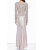 Color:Champagne - Image 2 - Stretch Satin Long Sleeve V-Neck Satin Skirt Front Twist Detail Sequin Bodice Gown