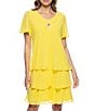 Color:Yellow - Image 3 - Tiered Chiffon Rhinestone Keyhole V-Neck Flutter Short Sleeve Dress