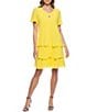 Color:Yellow - Image 1 - Tiered Chiffon Rhinestone Keyhole V-Neck Flutter Short Sleeve Dress