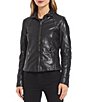 Color:Black - Image 5 - Front Zip Lambskin Leather Long Sleeve Moto Statement Jacket