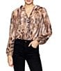 MELLODAY Animal Print Chiffon Ruffle V-Neck Long Sleeve Button Front Blouse, Color:Brown Multi - Image 1